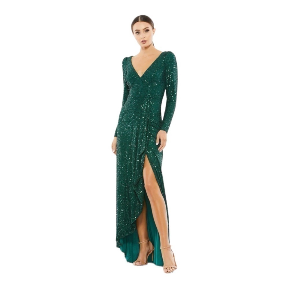 Mac Duggal Sequin Wrap Evening Gown in Emerald NWT